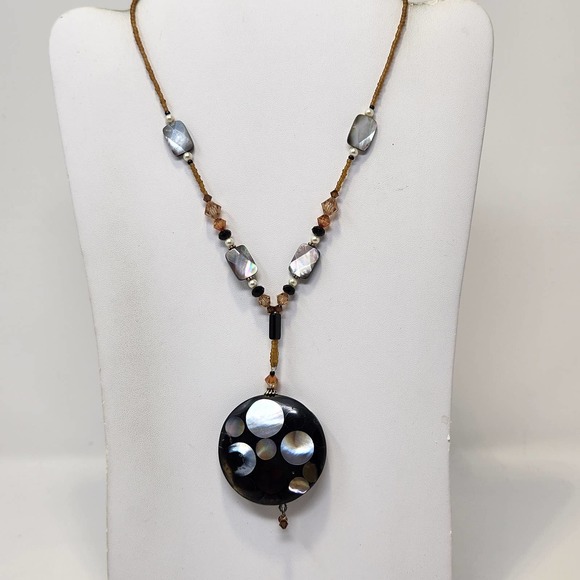 Artisan Black Shell Inlay Pendant Beaded Y Drop Necklace Sterling Silver Clasp - Picture 1 of 6